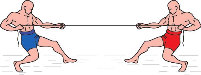 7) (UFRJ) Dois homens, cada um com massa de 80 kg, estão disputando um cabo de guerra, jogo no qual cada um segura uma das extremidades de uma corda e tenta puxar o outro, como ilustra a figura.