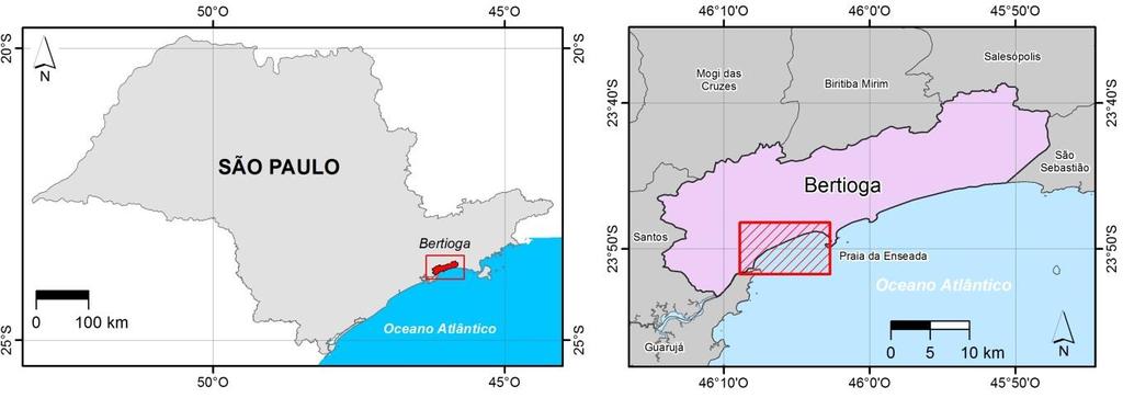 mar. Seu relevo mostra elevações de até 900 m de altitude nos segmentos da Serra do Mar e planícies costeiras, com áreas alagadiças e terrenos arenosos.