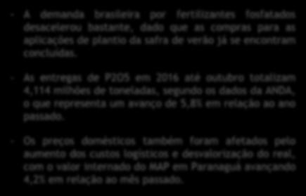 Mercado Doméstico - A demanda brasileira por fertilizantes fosfatados desacelerou bastante, dado que as compras para as aplicações de plantio da safra de verão já se encontram concluídas.