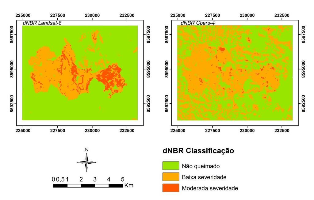 Figura 6 Comparação das severidades de queimadas identificadas pelo índice dnbr para a área de estudo com diferentes imagens de satélite (Landsat-8 e Cbers-4). 4.