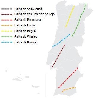 a) b) Figura 1.2: a) Principais falhas existentes em Portugal Continental. Adaptada de Portuguese Historical Seismicity. (http://esg.pt/seismic-v/portuguese-historical-seismicity/).
