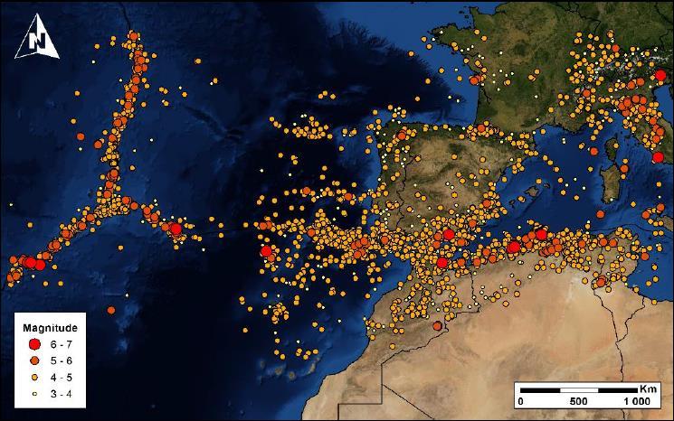 5 mostra-se a localização dos sismos com magnitudes superiores a 3.0, registados na região Ibérica e na junção tripla dos Açores entre 1970 e 2014.