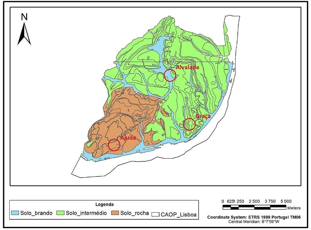 Figura 4.7: Divisão do tipo de solos existentes no concelho de Lisboa. A vermelho estão representadas as zonas de teste escolhidas.