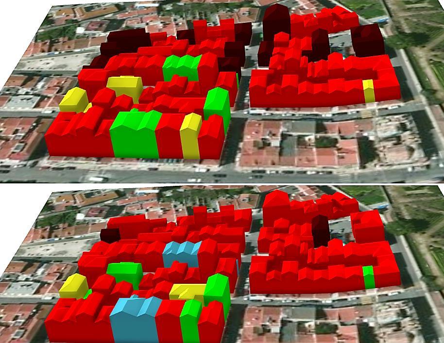 Figura 5.8: Simulação dos danos para um cenário de sismo do tipo próximo (em cima) e do tipo afastado (em baixo) com intensidade IX (EMS98).