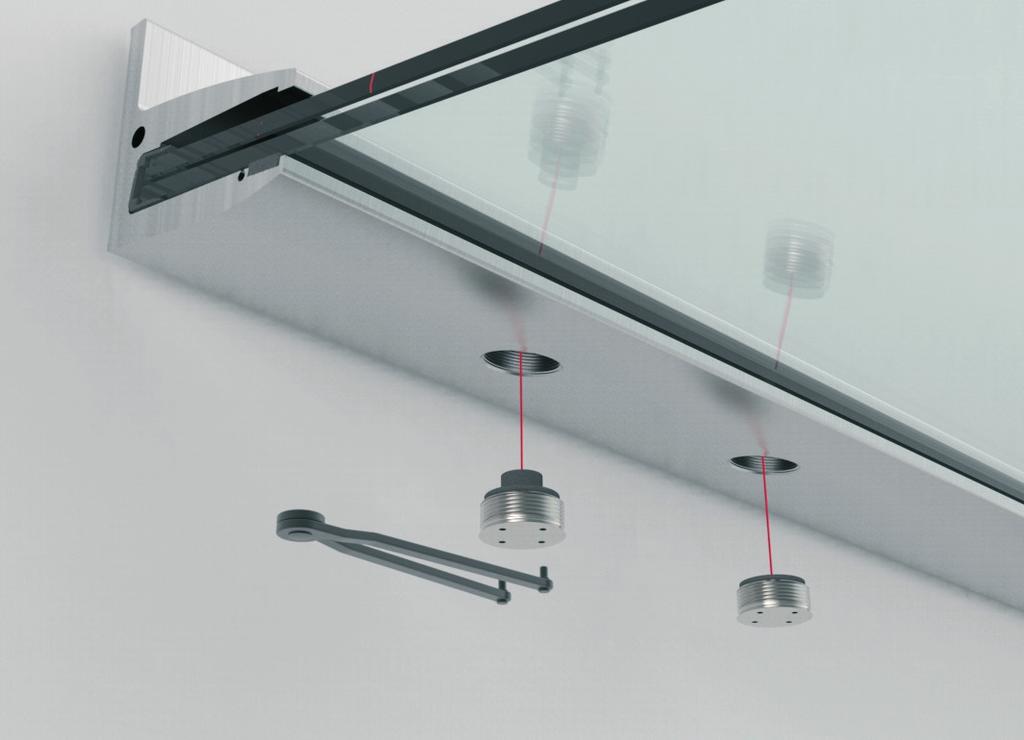 Sistema autoportante para palas em vidro Self-Supporting Canopy System Breite = Profillänge 2 mm 149 149 Ø 20,5 34 Ponto de fixação com pino de segurança para encaixe no furo do vidro - evita o