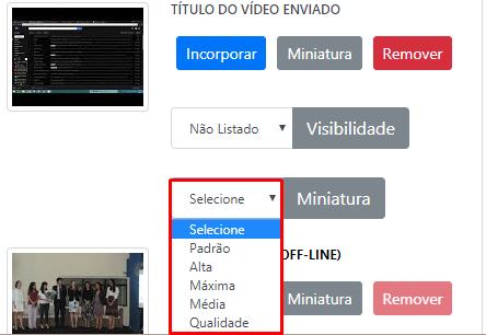 selecionar um formato de miniatura para ser incorporado ao PGE Escola Virtual. Caso selecione um formato de miniatura não gerado pelo YouTube o sistema apenas não realizará sua inclusão.