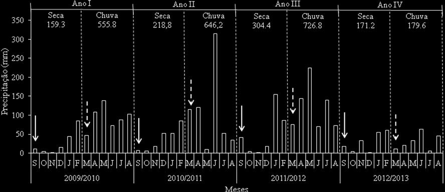 Figura 1. Precipitação mensal e total de precipitação durante a estação chuvosa e seca por quatro anos.