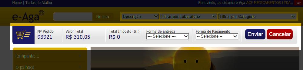 o Informações do Pedido: Informações sobre o pedido atual, entre elas estão Nº Pedido, Valor Total, Total Imposto (ST - Substituição