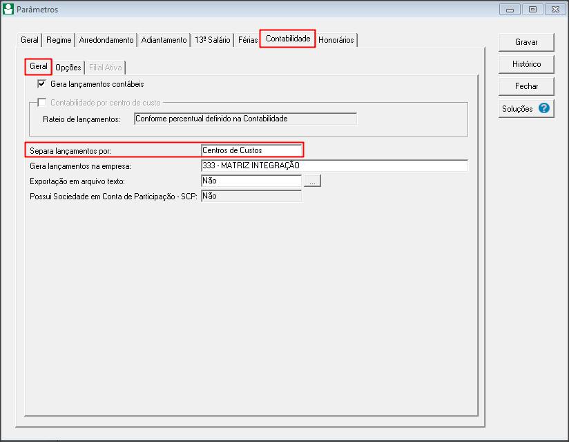 Como configurar integração com separador Centro de custo sem rateio de lançamentos?