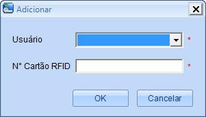 2. Na nova tela, selecione o usuário e digite o número da chave do cartão RFID e clique em OK; Tela de adição da chave do cartão RFID 3.