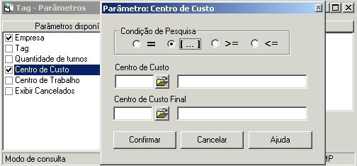 Para inserir um parâmetro na consulta basta dar um click sobre a caixa de seleção ao lado esquerdo do parâmetro, então o sistema pedirá que o usuário informe o conteúdo do parâmetro como no exemplo