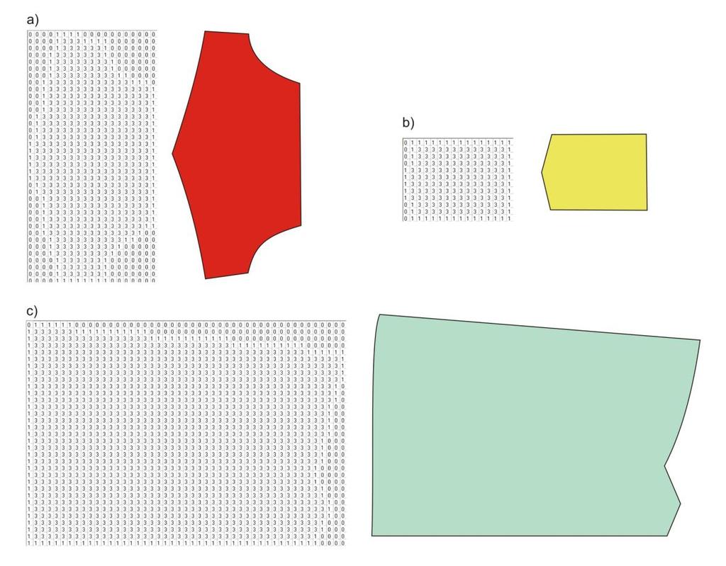 Figura 06: Moldes na forma de matriz bidimensional e em bitmap. a) Molde da pala. b) Molde do bolso. c) Metade do molde da frente.