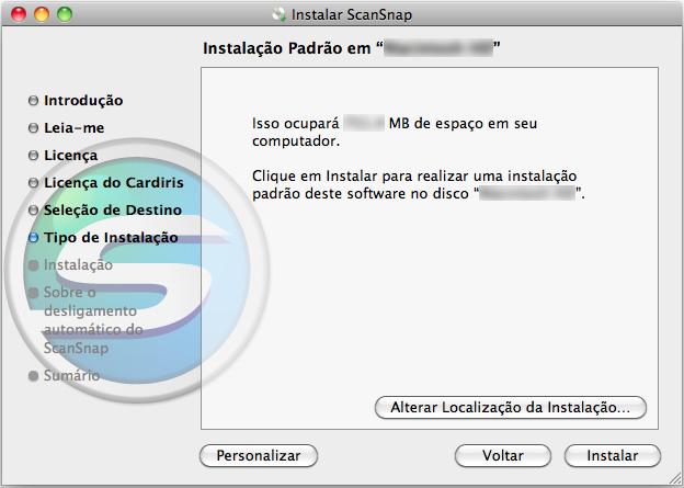 DICAS Para instalar apenas o ScanSnap Manager, clique o botão [Personalizar] para exibir a janela [Instalação personalizada em