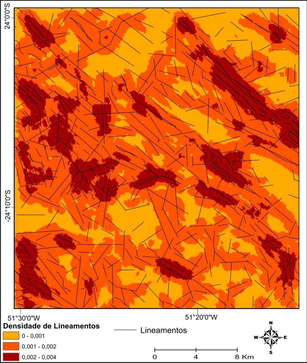 FIGURA 7. Mapa de densidade de Lineamentos da carta de Faxinal - PR, destacando maior densidade SE, W e extremo NE. FIGURA 8.