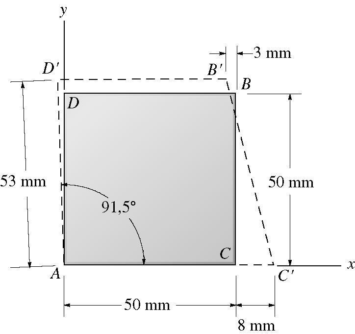 Determinar a deformação por cisalhamento 'Yxy em A, B, C e D. 23-) O arame de ancoragem AB da estrutura de um prédio está inicialmente sem deformação.