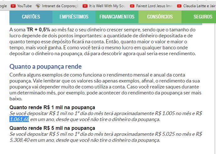 Lucro em uma poupança no banco 0,5% =