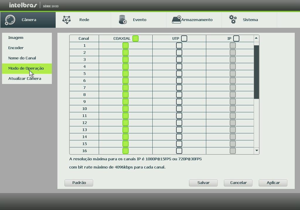 As câmeras HDCVI suportam a resolução 1080p/15 frames e 720p/30 frames; as câmeras analógicas suportam 960H/30 frames. Obs.: a taxa de 16 frames é utilizada para versões futuras.