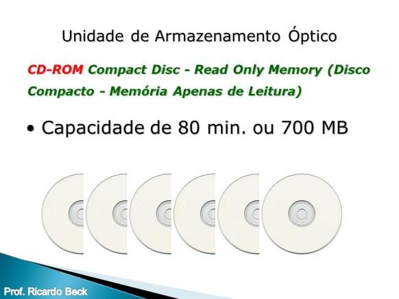 CD (Compact Disk) O CD utiliza a tecnologia óptica de leitura e gravação.