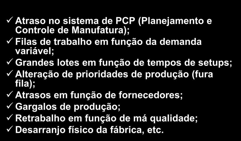 Supostos Problemas de Atrasos: Atraso no sistema de PCP (Planejamento e Controle de Manufatura); Filas de trabalho em função da demanda variável; Grandes lotes em função de tempos de