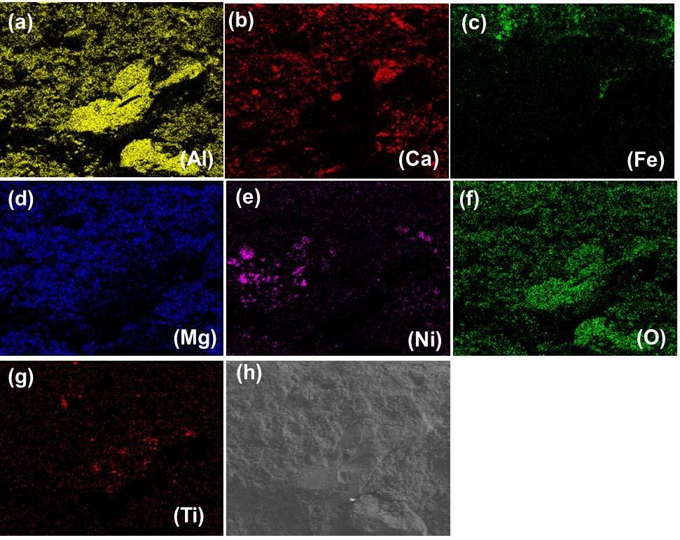 ISSN 1516-392X Figura 7. (a-g) Imagens do Mapeamento Elementar por EDS da (h) região da espessura junto da face eterna, 1,5 mm de profundidade, da amostra TCE usada.