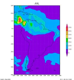 Figura 2. Climatologia das chuvas para a América do Sul, com base em dados do NCEP, para o intervalo 1971 2000.