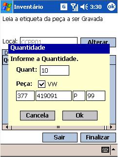 Leitura do local do inventário através do leitor de código de barras; Digitação do local do inventário; Botão Digitar Novo habilita preenchimento de peças e quantidades para inventário; Tela