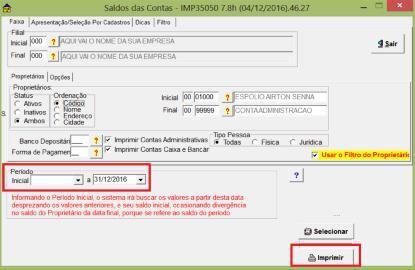 Relatório Saldo das Contas Imprima o relatório e reserve para conferência dos saldos após o encerramento. 2. ENCERRAMENTO: Utilitários>Exercício>Encerramento do Sistema.