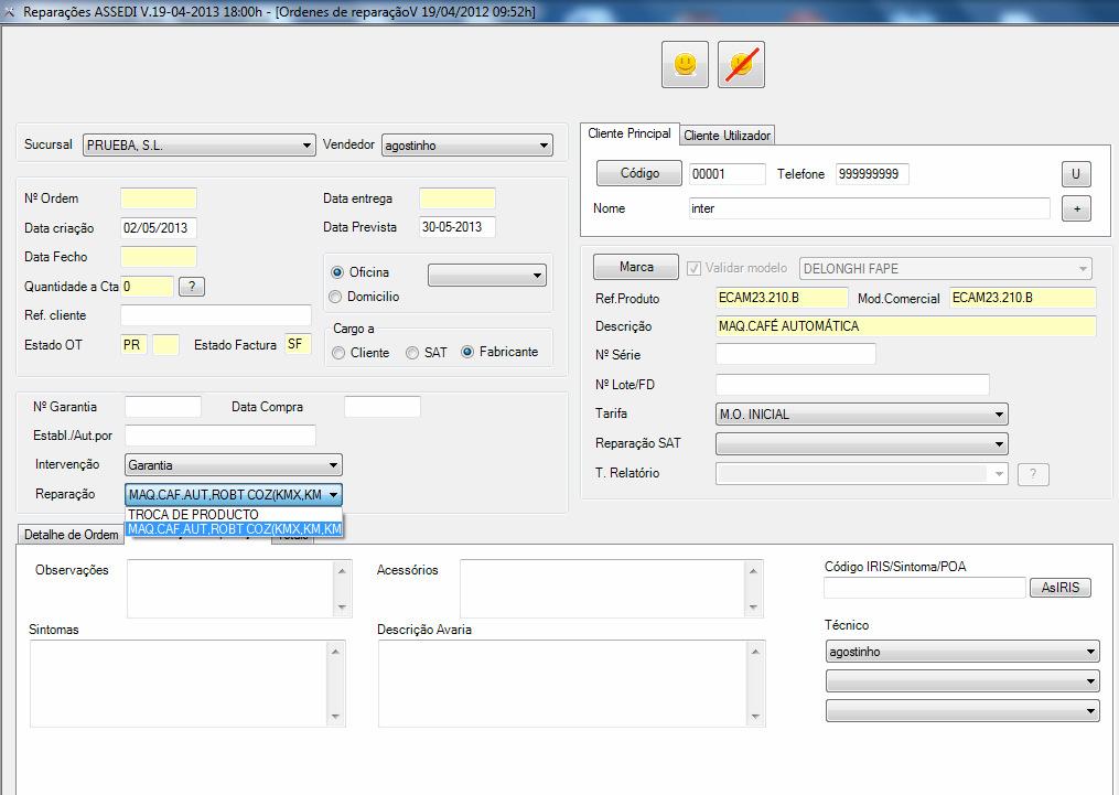 Customer: FAPE Page 6 de 14 5. A seguir vos mostraremos um exemplo de criação de uma garantia de : - - Entramos em INÍCIO PROGRAMAS 2012 - REPARAÇÕES Reparação Gestão de ordens de reparação.