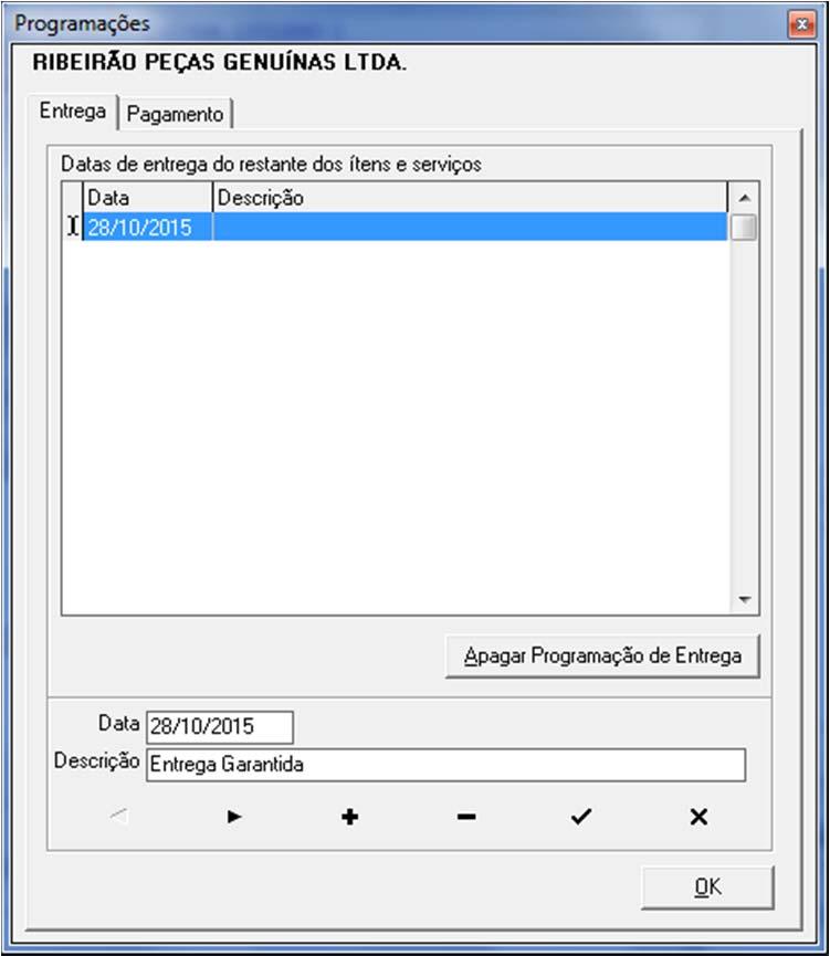 Clique no botão Programações O Sistema exibirá uma tela onde deverão ser realizadas as programações de entrega e pagamentos. Pasta Entrega (Imagem 10) Data Informe a data prevista da entrega.