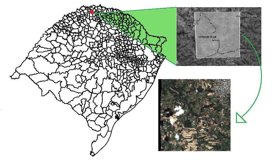 Figura 1. Localização da área de estudo no estado do Rio Grande do Sul, brasil. Destaque para a imagem composição colorida cor-verdadeira do World View 2 de novembro de 2011. Figure 1.