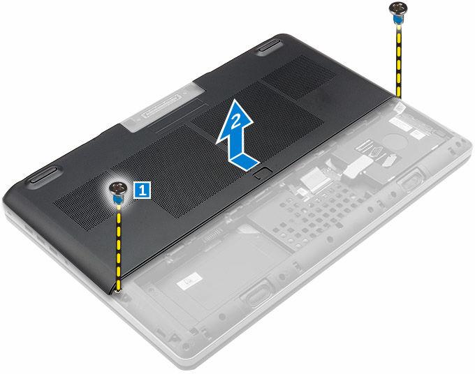 Como instalar a tampa da base 1. Deslize a tampa da base para alinhá-la com os orifícios dos parafusos no computador. 2. Aperte os parafusos que prendem a tampa da base ao computador. 3. Instale: a.