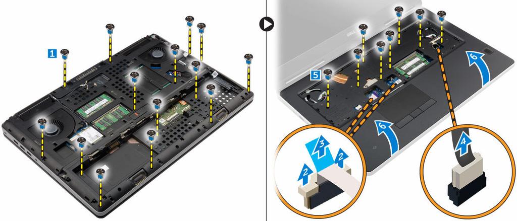 Como instalar o apoio para as mãos 1. Alinhe o apoio para as mãos no computador e pressione as posições indicadas até que ele se encaixe no lugar. 2.