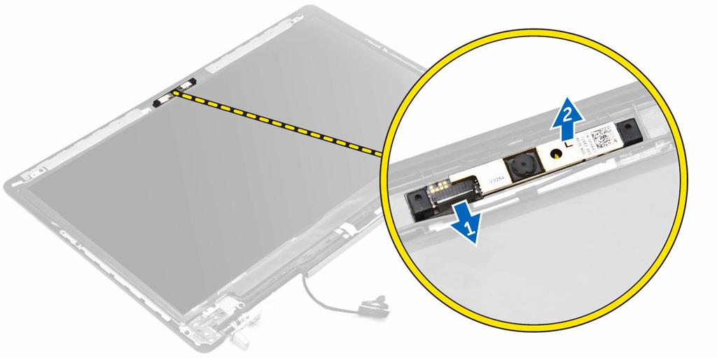 Como instalar a câmera 1. Coloque o módulo da câmera em seu slot no computador. 2. Conecte o cabo da câmera. 3. Instale: a. tampa frontal da tela b. conjunto da tela c. apoio para as mãos d.