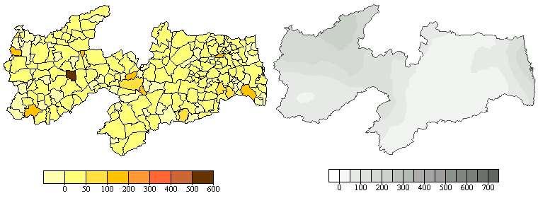 Figura 3. Incidência do dengue e Precipitação no mês de janeiro de 2002 Nas Figuras 3 a 7, têm- se os mapas da incidência do dengue (por 10.