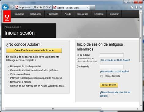 1. Solicitar um ID Adobe na página web http://www.adobe.com/es/ selecionando a opção Registo no lado superior direito da página.
