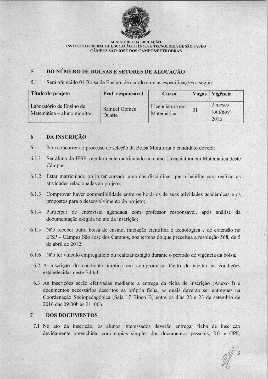 rnstituto FEDERAL DEEDUCAÇÃO, CIÊNCIA E TECNOLOGIA DESÃO PAULO 5 DO NUMERO DE BOLSAS E SETORES DE ALOCAÇÃO 5.