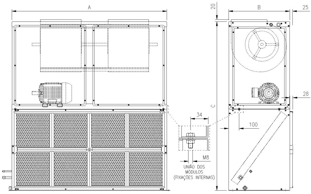 Dados Dimensionais Montagem dos Módulos Fig. 25 - Montagem dos Módulos Ventilador e SerpentinaCXPA050 a 500 - Vertical.