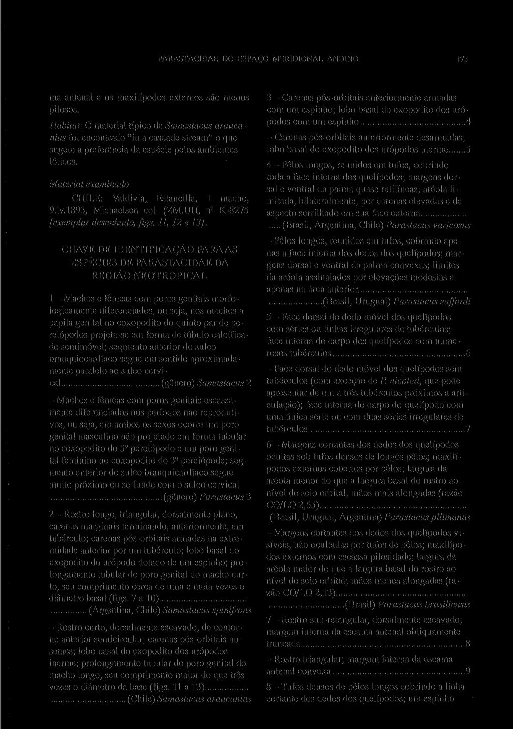 PARASTACIDAE DO ESPAÇO MERIDIONAL ANDINO 175 ma antenal e os maxilípodos externos são menos pilosos.