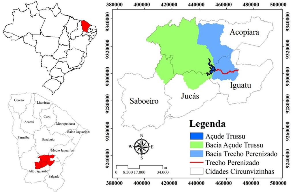 330 Similaridade de solos... Figura 1. Localização da bacia hidrográfica do açude Trussu e do trecho perenizado do rio Trussu na bacia do Alto Jaguaribe, Ceará.
