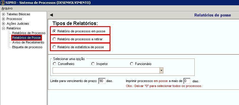 Relatórios de posse Os relatórios são acessados através do item do menu do sistema Sipro chamado Relatórios de posse.