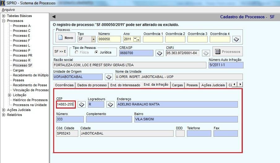 Um detalhe que não podemos esquecer é de cadastrar o Endereço da Infração, que pode ser diferente do Endereço do Interessado.