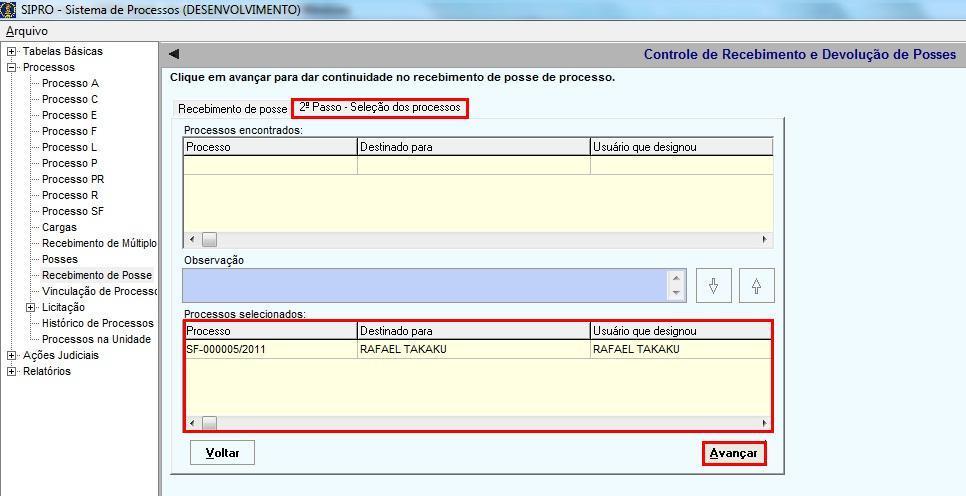 Devemos selecionar o processo que queremos designar a posse e após isso clicar na seta para baixo, conforme destacado na imagem anterior.