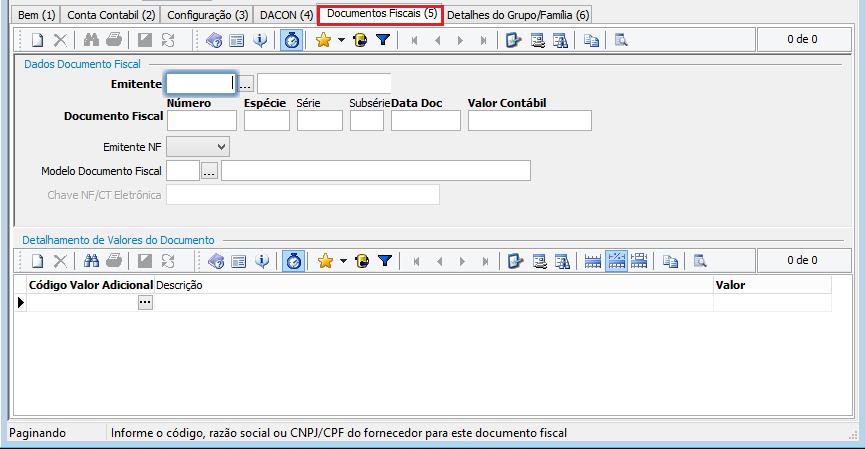 2.1.5: Aba (5) Documentos Fiscais Esta tela guarda as informações da Nota Fiscal de compra do Bem do