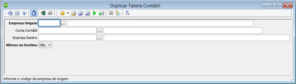 Empresa Origem: Informe a empresa que contém os dados que deseja duplicar para as demais. Conta contábil: Informar o código da conta contábil que se deseja duplicar.