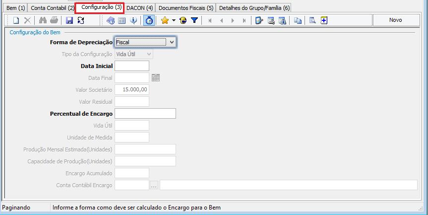 2.1.3: Aba (3) Configuração Tipo de Depreciação: Indicar o tipo de depreciação que será feita para o bem.