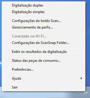 Menu do botão direito Menu do botão direito Este menu aparece ao clicar duas vezes no ícone do ScanSnap Manager notificação localizada na extrema direita da barra de tarefas.