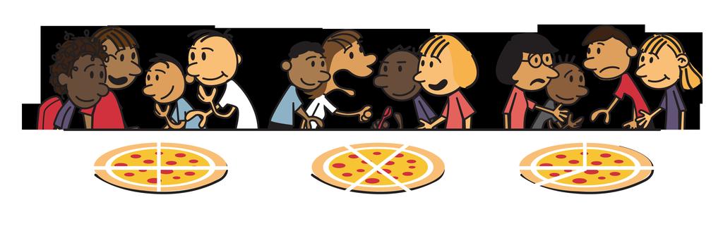 I) Cada um dos três grupos repartiu a sua pizza na mesma quantidade de fatias que os outros grupos? II) Dessa maneira, todas as crianças da turma receberam a mesma quantidade de pizza?