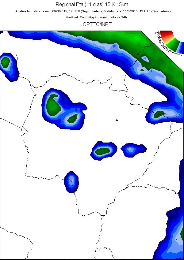 De acordo com o modelo Regional ETA (11 dias) 15 X 15 km, a previsão numérica do tempo indica que haverá