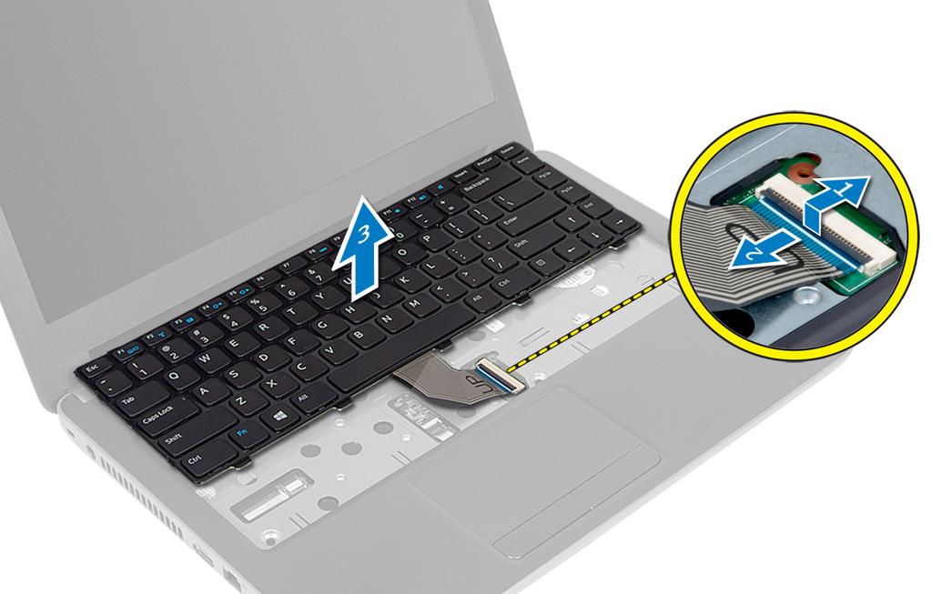Como instalar o teclado 1. Conecte o cabo do teclado ao seu conector na placa de sistema. 2. Deslize o teclado fixando-o em seu lugar no computador. 3.
