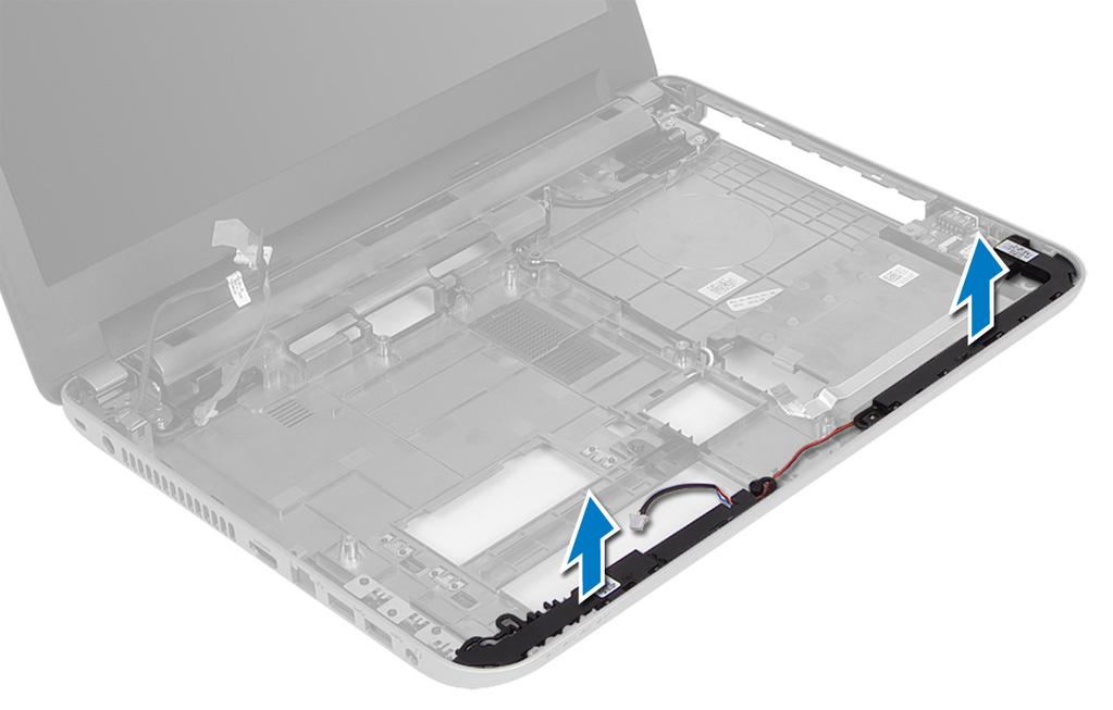 h. painel de acceso i. cartão SD j. bateria 4. Siga os procedimentos descritos em Após trabalhar na parte interna do computador. Como remover os alto-falantes 1.